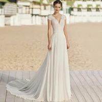 2022 bohemian wedding dresses v neck chiffon a line short sleeves illusion buttons back lace court train ivory robe de mariee