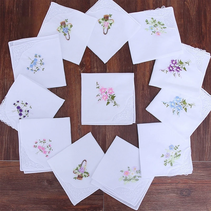 

Cotton Square Hankies Single Corner Lace Edge Handkerchiefs Floral Embroidered Hankies for Friend Birthday
