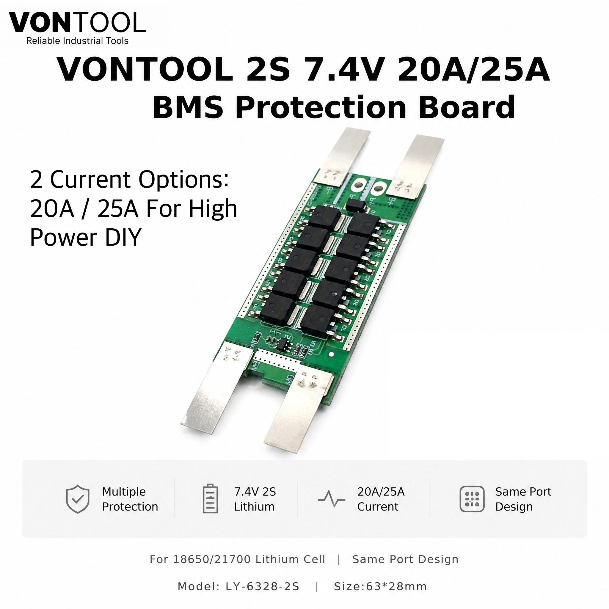 Фото Плата защиты аккумуляторов BMS 2S 7.4V 20A/25A для литий-ионных элементов 18650 21700, модуль балансировки заряда и разряда №1
