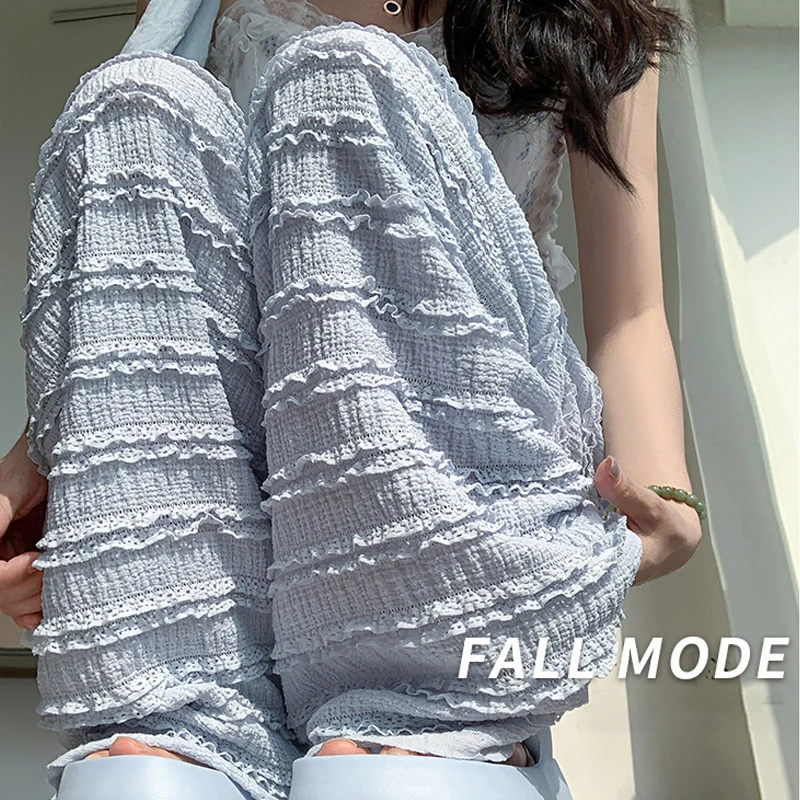 Повседневные брендовые синие штаны для женщин кружевные штабелируемые летние