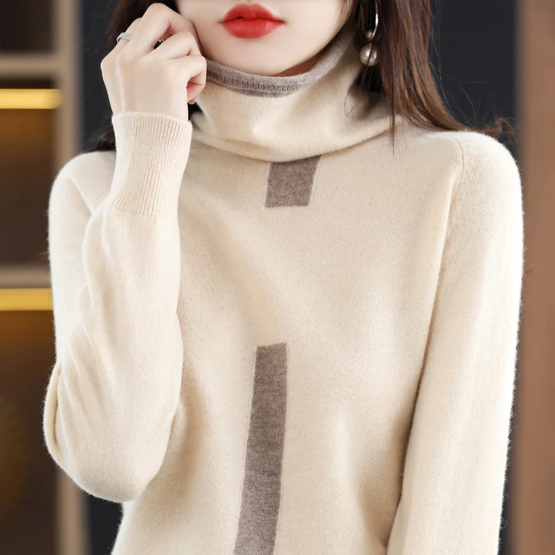 

100% Woolen Women's Autumn New Stacked Collar Pullover Knitted Undercoat Fashion Splice Female Lnterior Lapping Socket Sweater