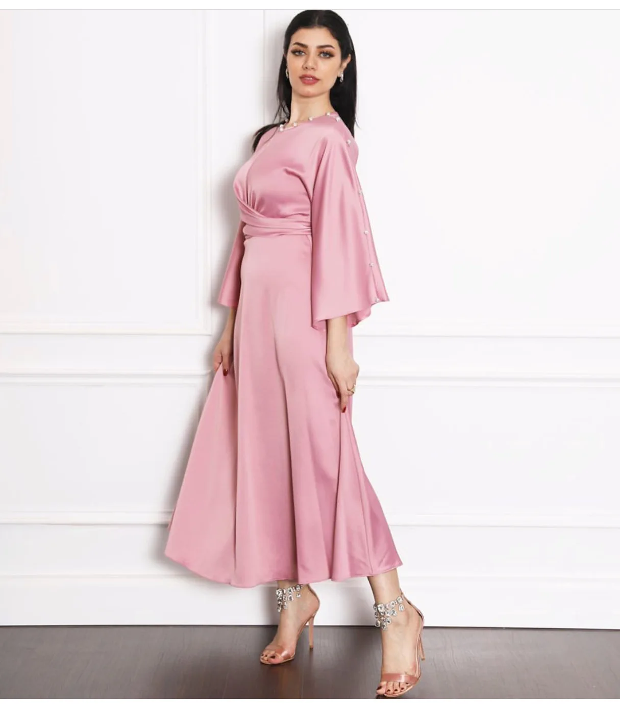 

Abaya Women Dubai Ramadan Satin Ruffle Sleeve Hijab Dress Kaftan Robe Femme Musulmane Abayat Vestido Muslim Fashion Clothing