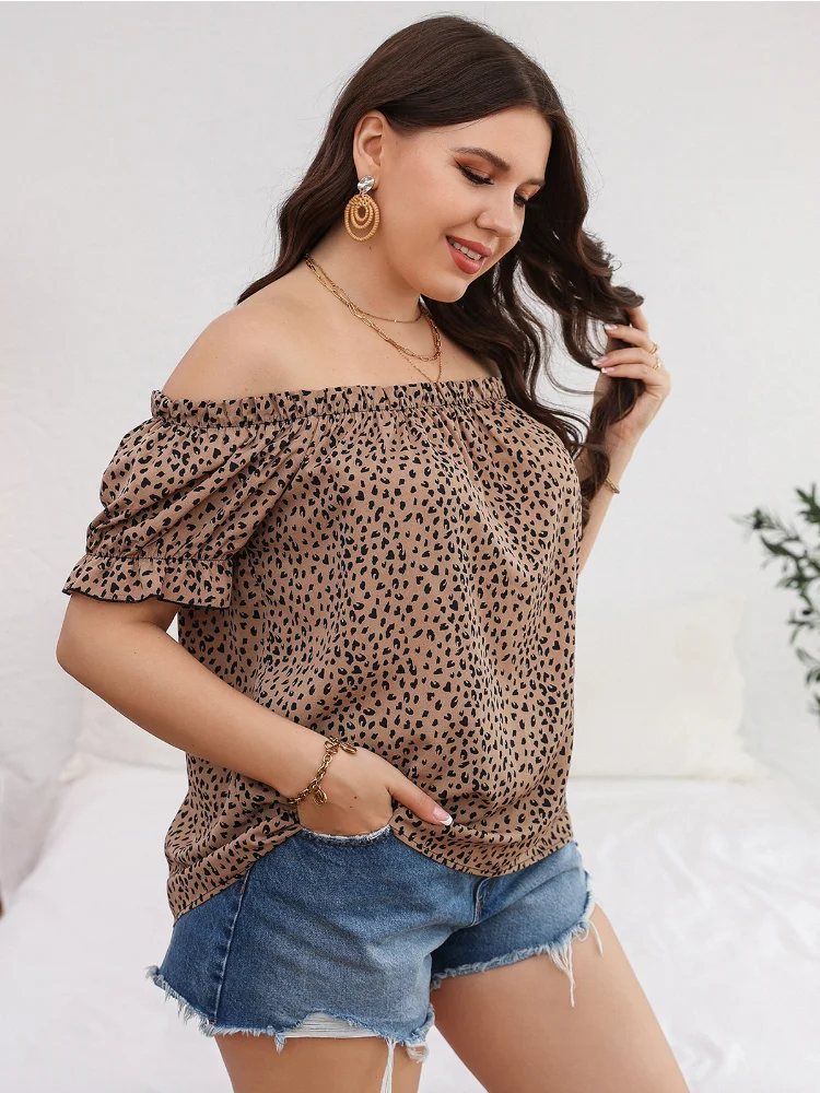 Women's Large Fashion Leopard Print Off Shoulder Bubble Sleeve T-shirt Top women plus size clothing