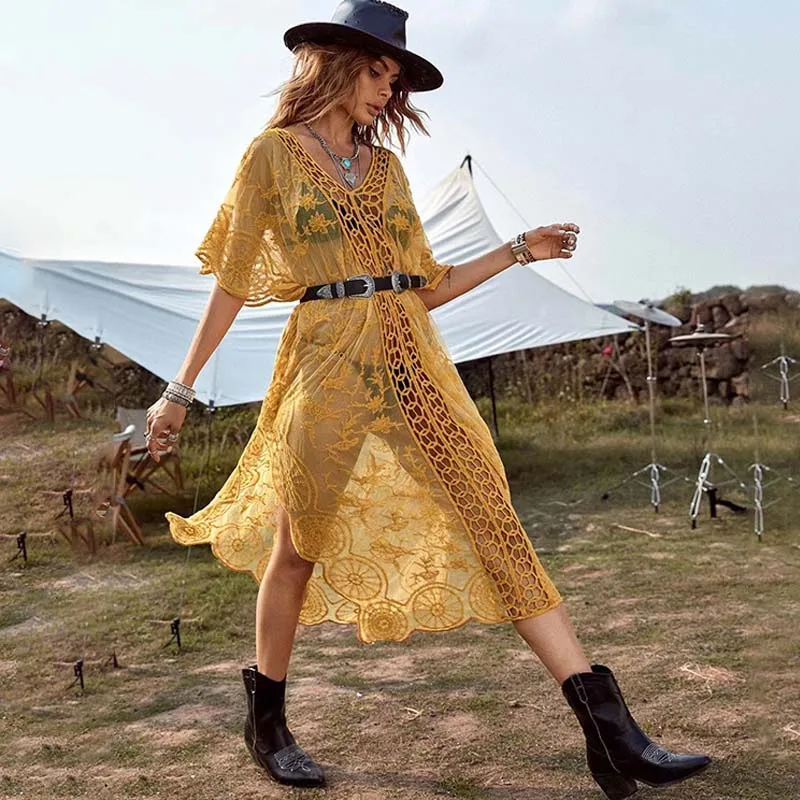 

Женское кружевное платье-накидка на бикини, в стиле бохо