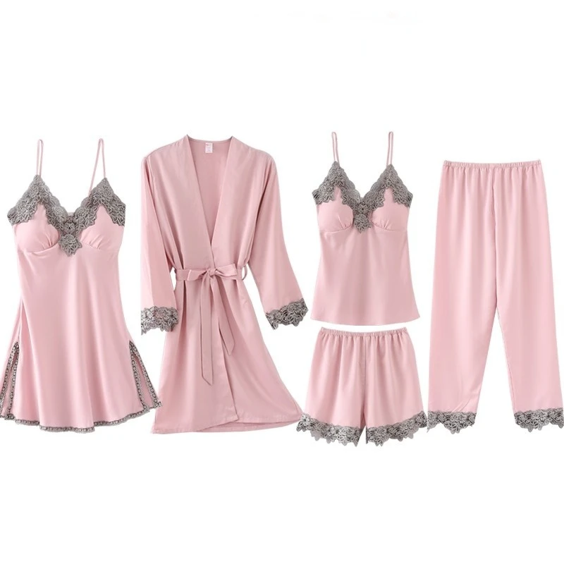

2022 Summer Autumn Spring 5 Pieces Set Silk Elegant Women Pajamas Set Shorts Sleeve Top Elastic Waist Pants Lounge Sleepwear Set