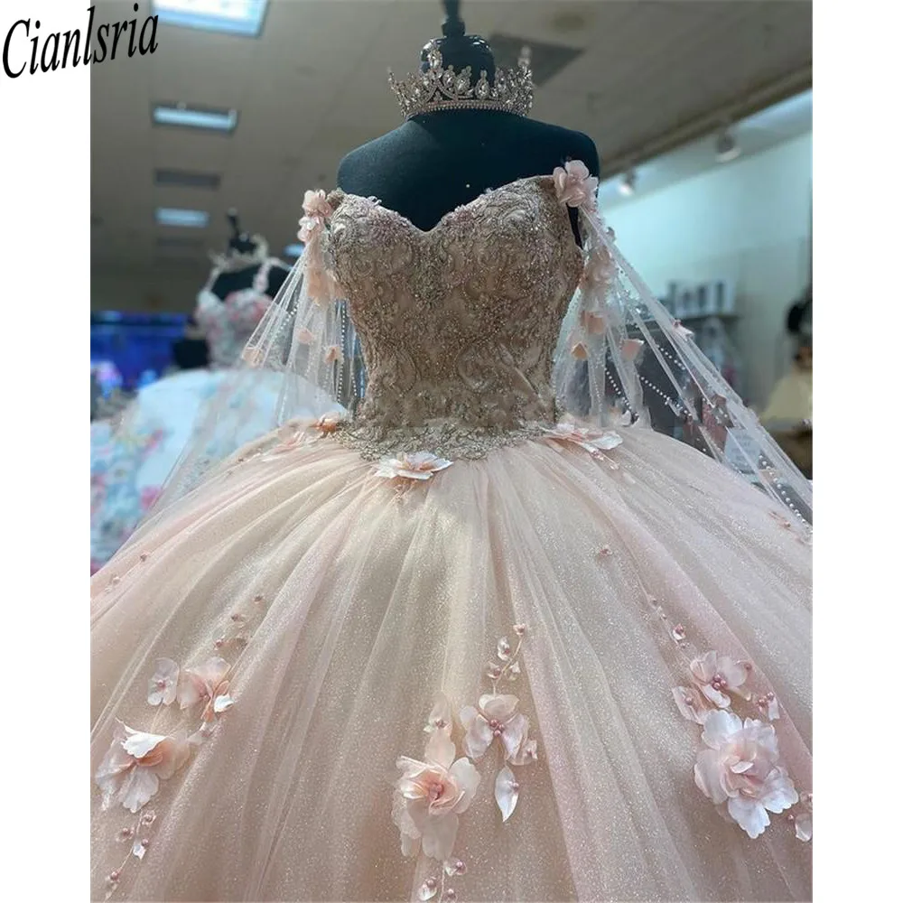 Сказочные розовые платья для Quinceanera Золушка с оберточными цветами 3D Цветочная