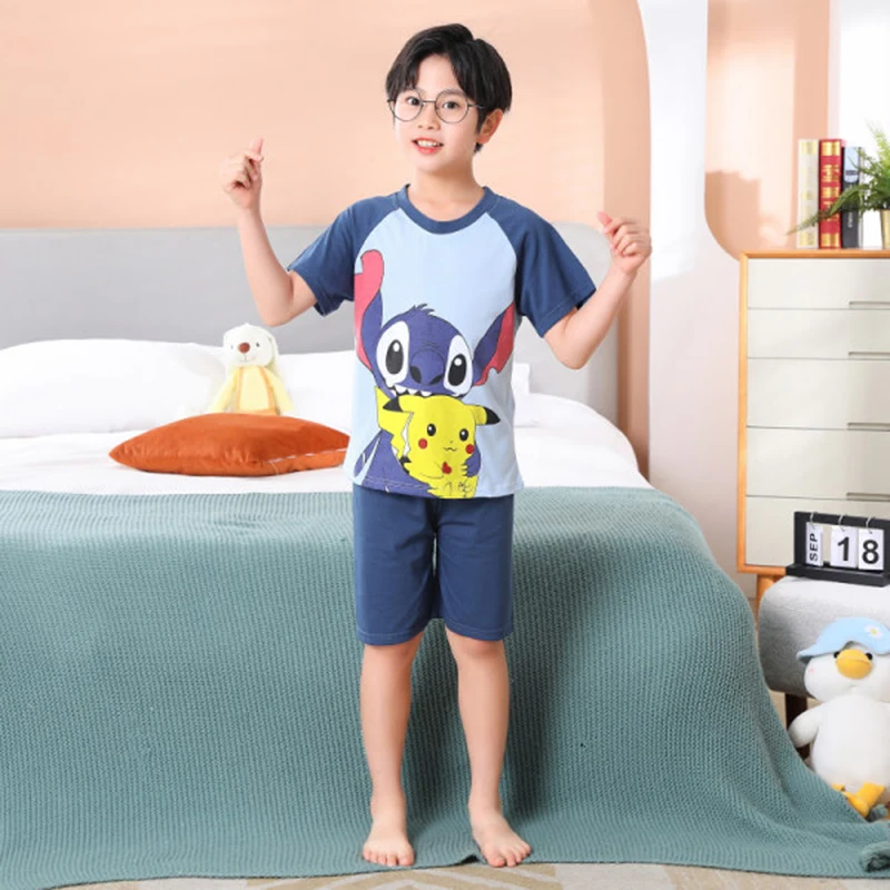 

Stitch 100% cotton boys and girls pajamas summer new suits children's clothing 2-piece home clothes birthday gift clothing