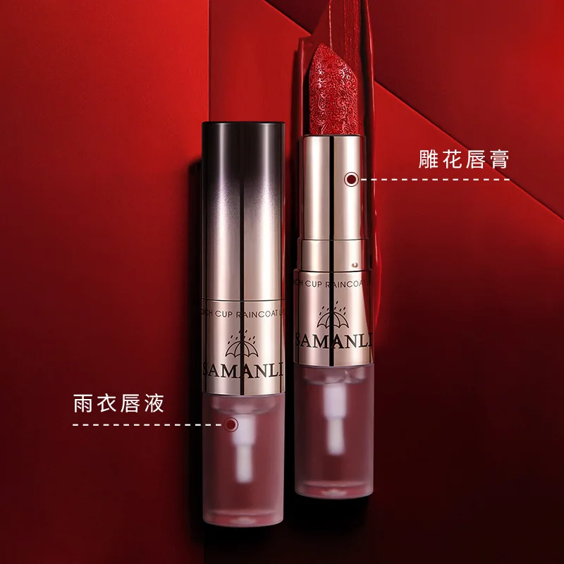 3.8g+3ml/piece Carved Lipstick Raincoat Lipstick Not Easy To Fade Makeup Setting Lip Liquid Waterproof Non-stick Cup