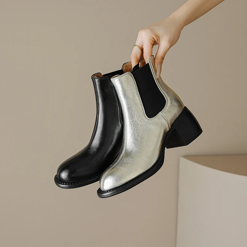 

2023 New Autumn Women Boots Round Toe Chunky Heels Platform Shoes for Women Sliver Short Boots Winter High Heels Ankle Boots