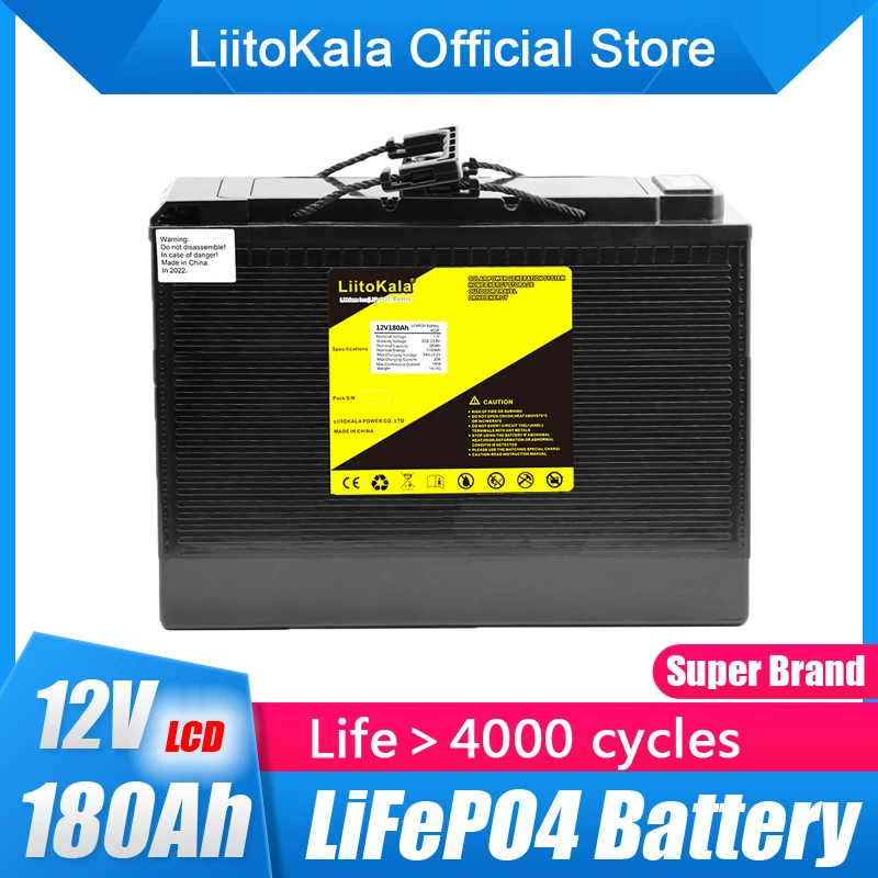 

LiitoKala 12V 180Ah LiFePO4 Battery Lithium Power Battery 4000 Cycles For 12.8V RV Campers Golf Cart Off-Road Off-grid Solar