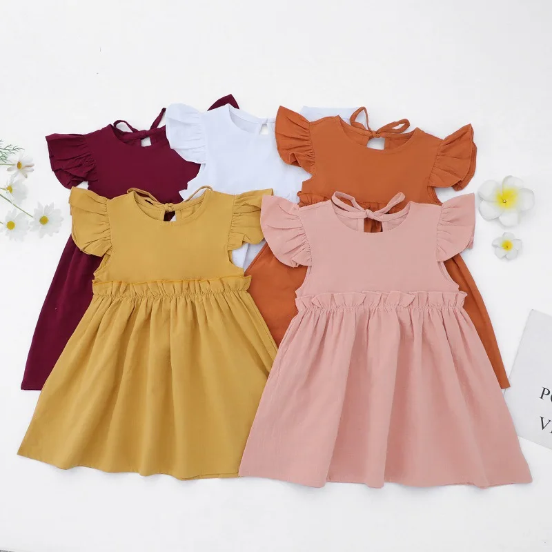 

Children's Clothes Solid Color Cotton Hemp Girl Dress Flying Sleeve Lace-Up Princess Skirt Children's Skirt European American