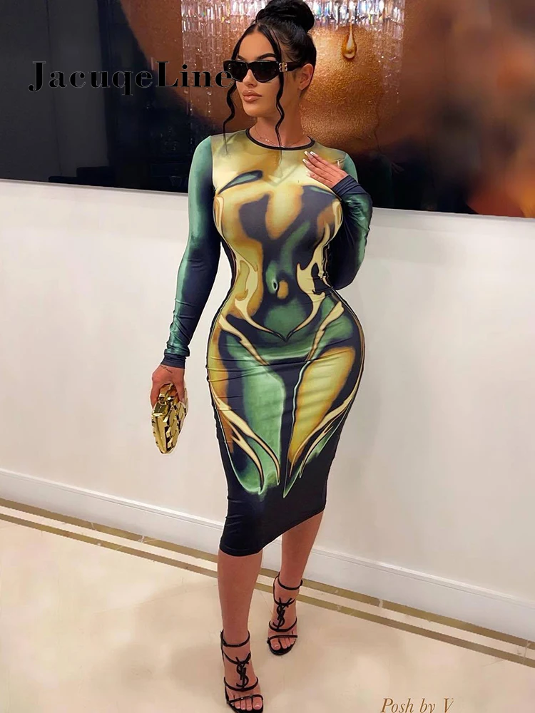 

Элегантное облегающее платье миди Jacqueline с принтом тела, Женская Клубная одежда на весну 2023, пикантные повседневные платья с круглым вырезом...