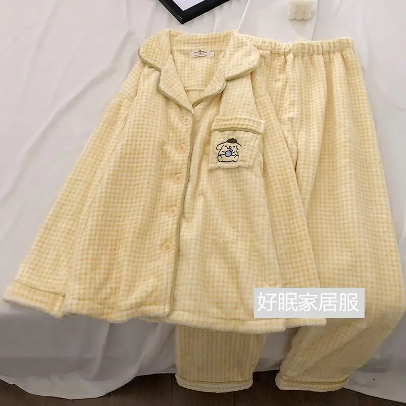 Pajama Female Panda Print Cartoon Winter Thick Fluffy Coral Fleece Sweet Cute Warm Set