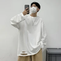 hip hop personality ripped casual solid color t shirt oversized loose unisex high quality cotton clothes simple black white tops