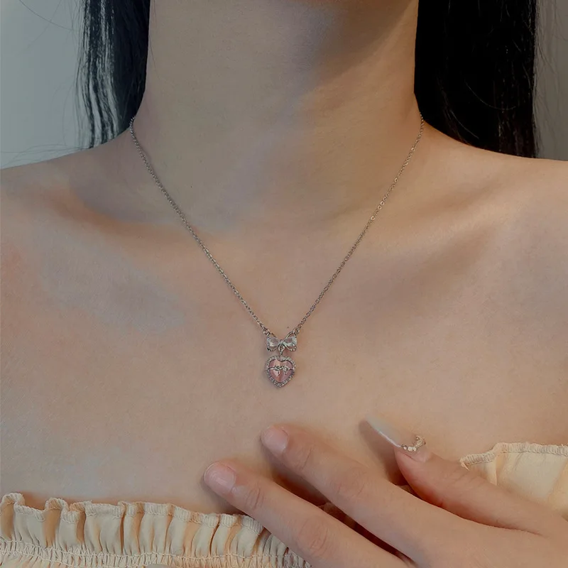 

Clavicle Chain Ornaments Delicate Opal Heart Bow Pendant Necklace Chokers Decoration Gifts for Women Jewellery Choker Fashion