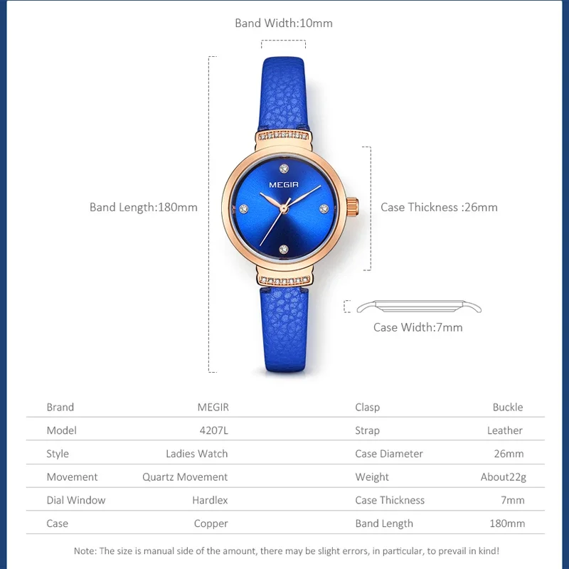 MEGIR Роскошные женские часы модные элегантные синие кварцевые кожаные маленькие