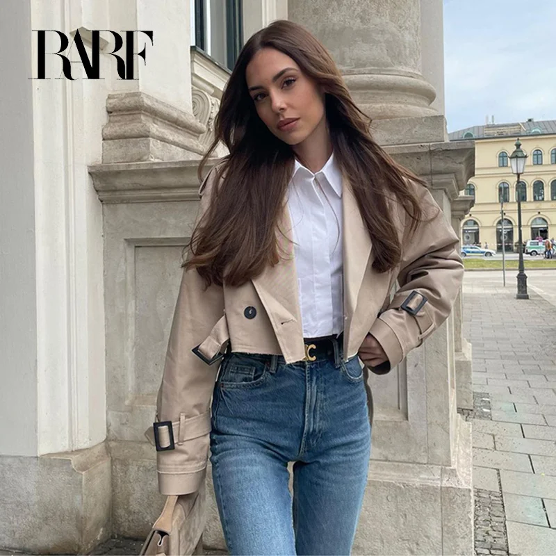 

Женский укороченный Тренч цвета хаки, короткая весенняя куртка с отложным воротником, длинным рукавом и поясом, на одной пуговице