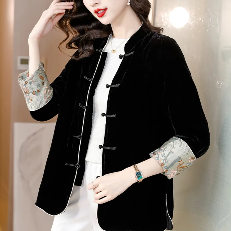 

Black Modern Tang Suit Coat Chinese Style Women's Clothing Vintage Elegant Autumn Winter Padded Jacket Female China Clothes New