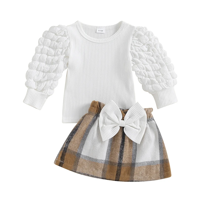 

Toddler Girls 2Pcs Fall Outfits Long Puff Sleeve Knit Tops Plaid Skirt Set Baby Winter Clothes