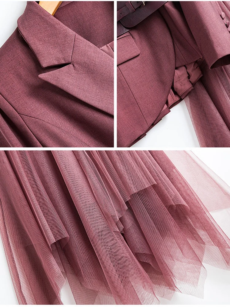 ZJYT Office Lady Blazer Suits Mesh Skirt 2 Piece Dress Sets Women Outfit Elegant Spring Fashion Conjuntos De Falda Vestidos Top
