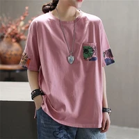 pure cotton art retro plus size new short sleeved t shirt womens summer loose printing round neck top t shirt