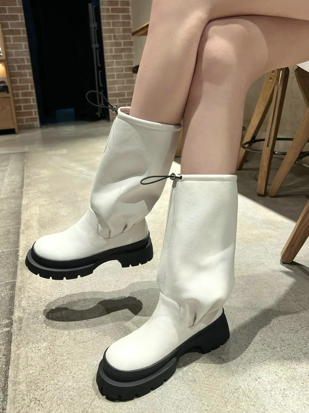 

EshtonShero Long Boots Women's Genuine Leather Mid Calf Boots Platform Round Toe Winter Woman Square Med Heels Elastic Band