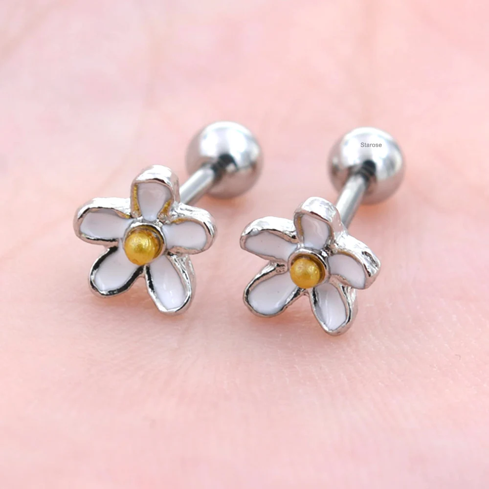 

1.2x6mm 16G Pin Lovely Daisy Flower Pearl Helix Piercing Cartilage Piercing Earrings Stud Surgical Steel Tragus Peircing Jewelry