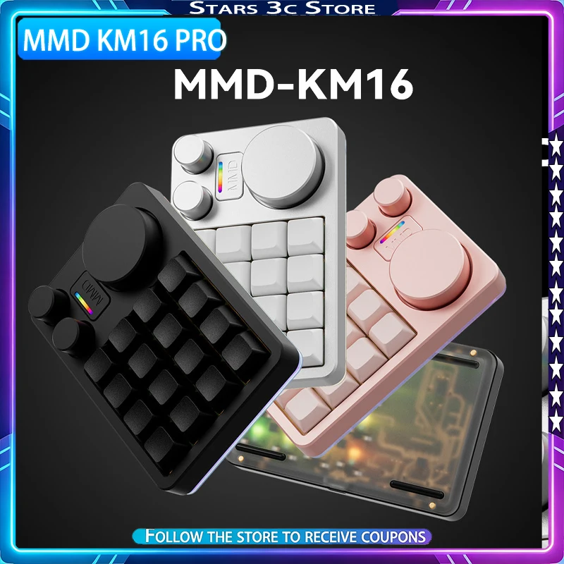 Фото Механическая мини-клавиатура MMD KM16 Pro с тремя ручками, поддержкой полной настройки клавиш через VIA Keyboard для PS, редактирования и рисования №1