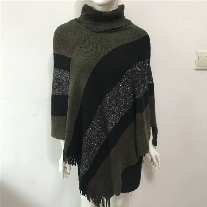 Spring Autumn New Women Irregular High Neck Striped Tassel Shawl Cloak Sweater  Pullover Blouse Female  Jacket  Green