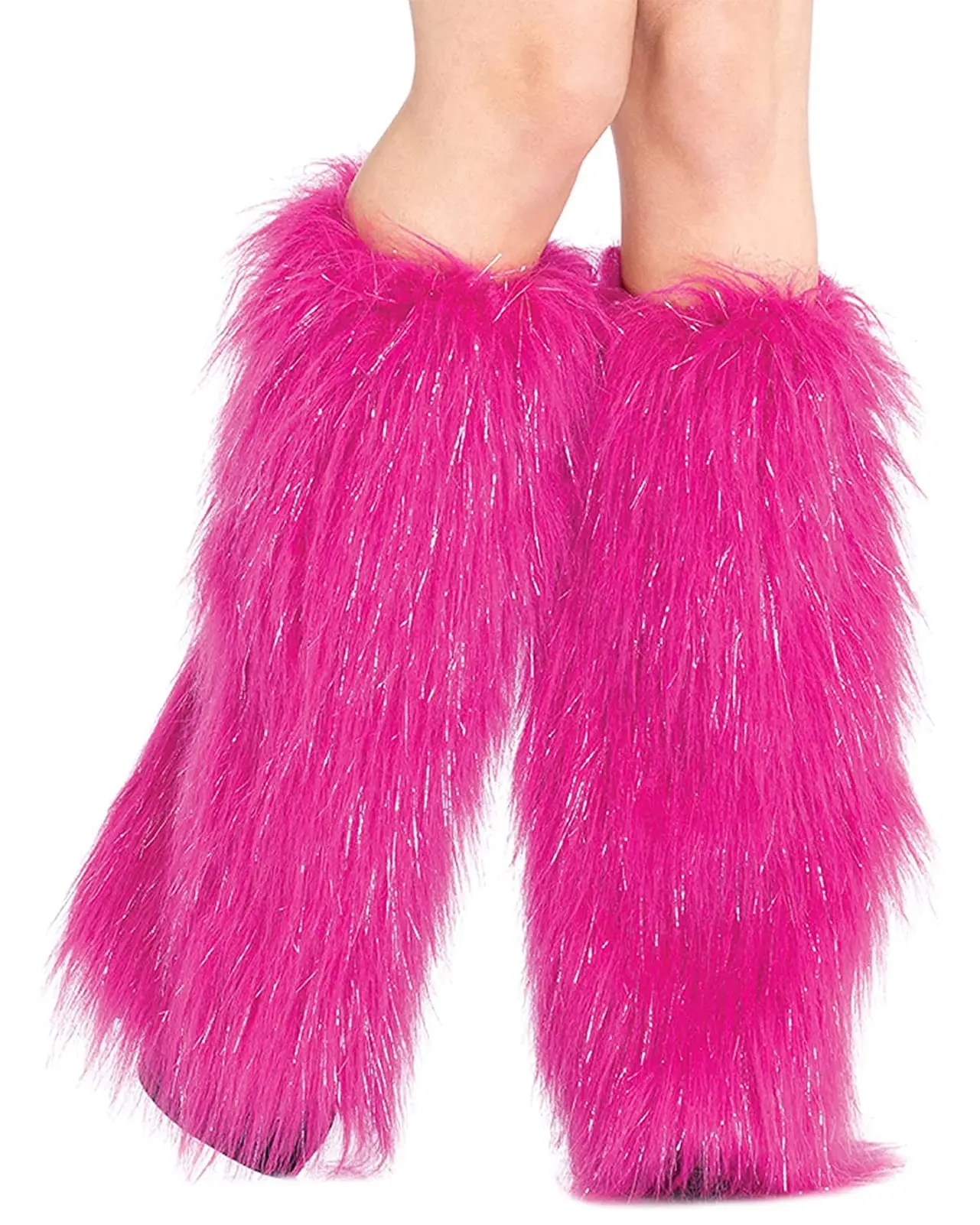 45cm Pink With Silver Fuzzy Faux Fur Leg Warmers Fur Heels Long Boots Cuff Cover has Elasticity Dionysia Boot cover Carnival