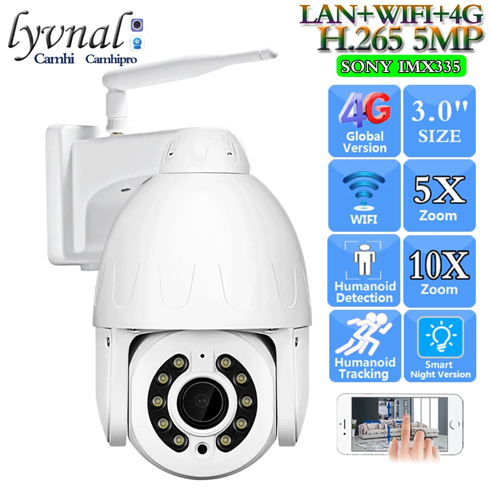 HD 5MP 3G 4G SIM Card Security IP Camera Wifi Mini PTZ Dome 5X 10X Auto Zoom Human Tracking Two Way Audio Color Night Vision