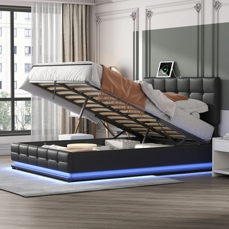 

Queen Size Floating Bed Frame with LED Lights and USB Charging,Modern Upholstered Platform LED Bed Frame,Black