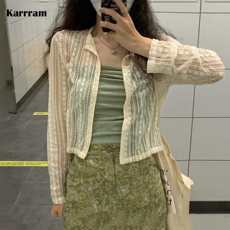

Корейские модные рубашки Karrram, кружевные прозрачные топы, ажурная Полупрозрачная блузка, женский кардиган в японском стиле, милый Сказочный...