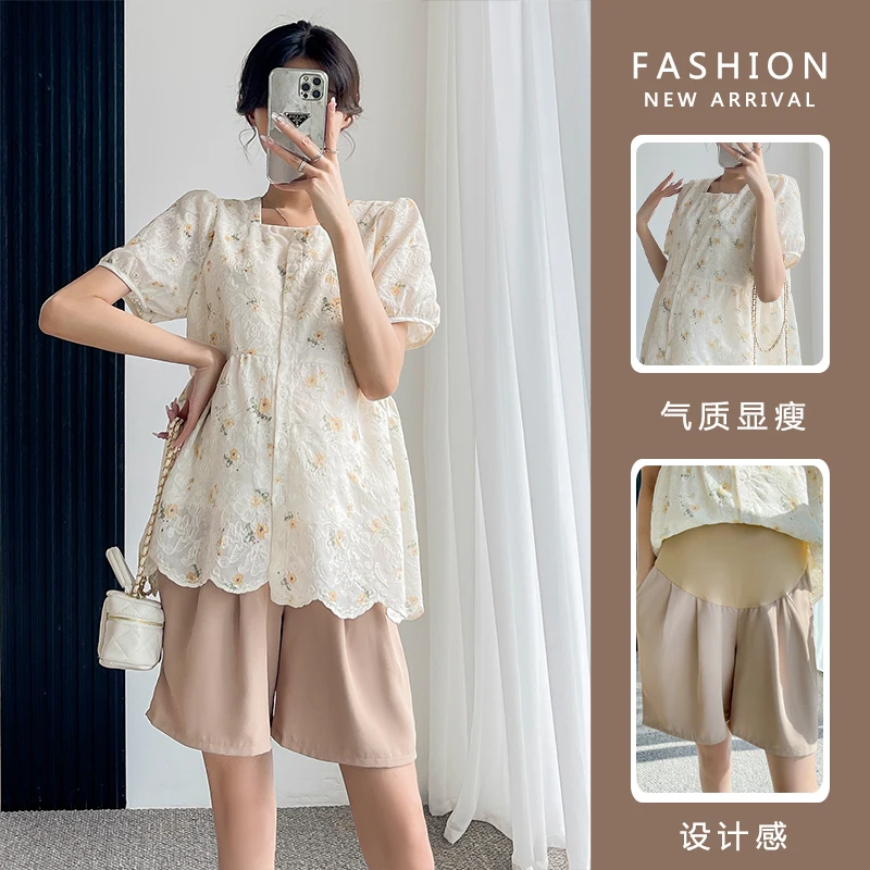 

8106# Summer Korean Fashion Lace Maternity Blouses Wide Leg Loose Shorts Sets Loose Tops Clothes for Pregnant Women Pregnancy