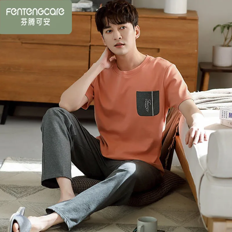 Молодежные пижамы Finteng Keɺn мужские летние из чистого хлопка с короткими