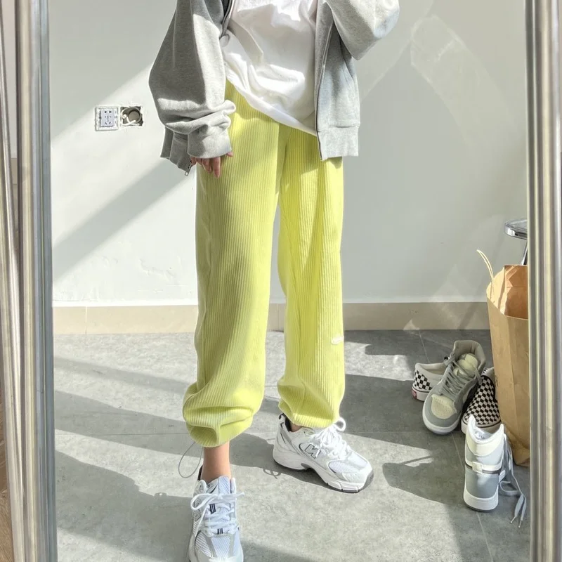 

New Sports Corduroy Drawstring Sweatpants Women Casual High Waist Loose Straight-leg Baggy Harem Pants Female
