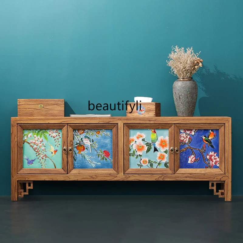

zq Solid Wood Inlaid Hand-Painted Ceramic Plate Painting Copper New Chinese TV Hallway Four-Door Storage Floor Cabinet