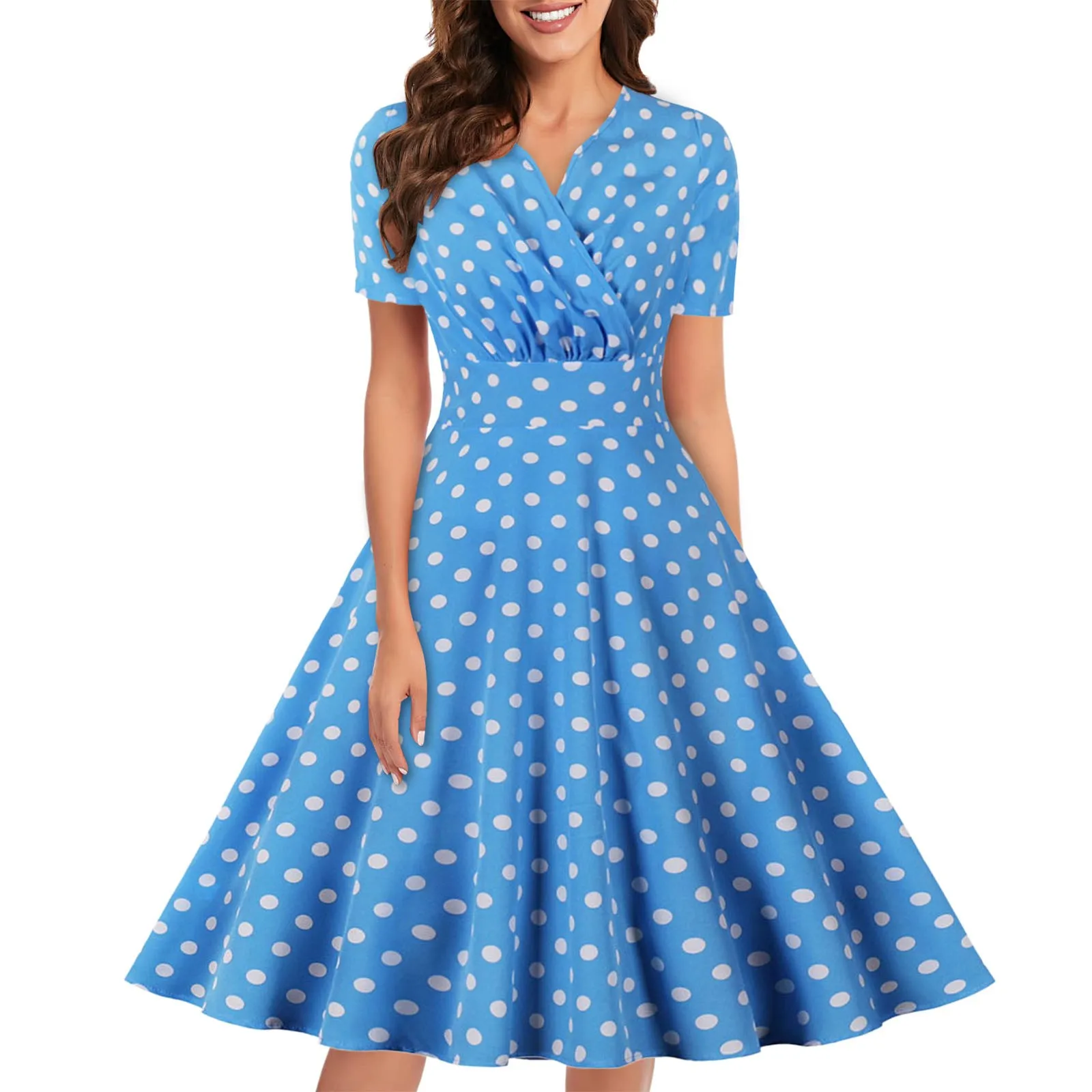 

Элегантное платье в горошек с завышенной талией и коротким рукавом, платья-трапеции, женская летняя уличная одежда, повседневная и праздничная одежда, Vestidos 2023