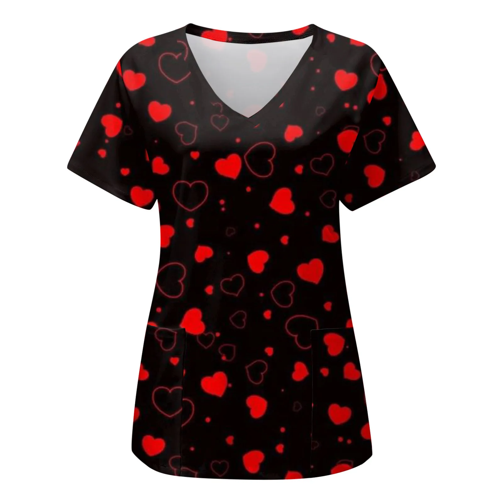 

Nurse Uniform Womens Heart Print Valentine's Day Short Sleeve Pocket Tops Lab Overalls Scrubs Carer Protective Nursing Uniform