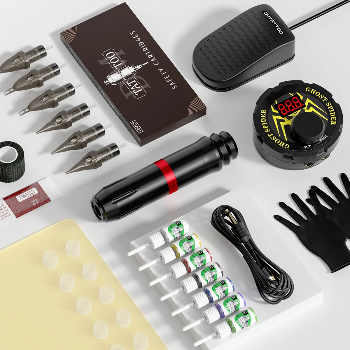 

Complete Tattoo Kit Inks Cartridge Needles Foot Pedal Power Supplies RCA Interface Rocket Rotary Tattoo Machine Set