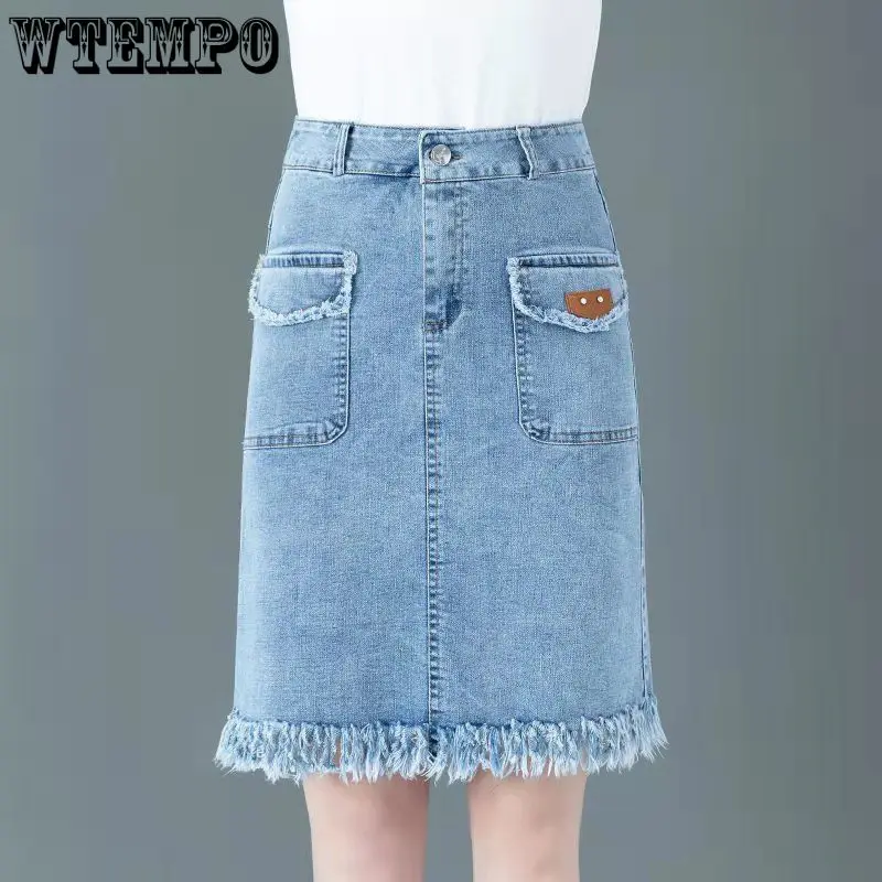 

Denim Skirt Women's Summer High Waisted Buttocks Wrapped Skirt Raw Hem Split Skirt Drop Shipping