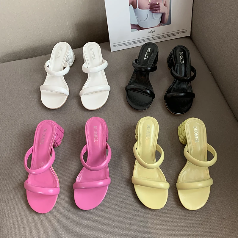 

Женские блестящие туфли с узким ремешком, летние шлепанцы для улицы, сандалии на толстом высоком каблуке, Классические босоножки, мюли, цвет...