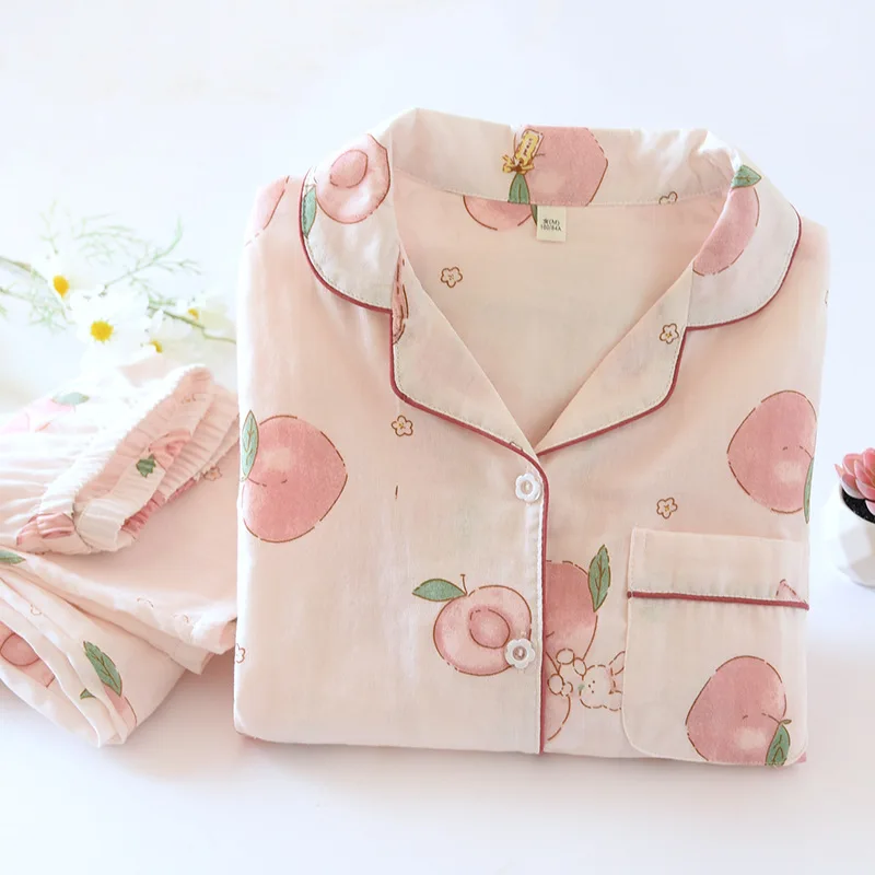 Pajamas Set For Women Peach Patterns Cotton Knitted Long Sleeves Sleepwear PJ Set Pink Soft 2 Pieces Pajamas