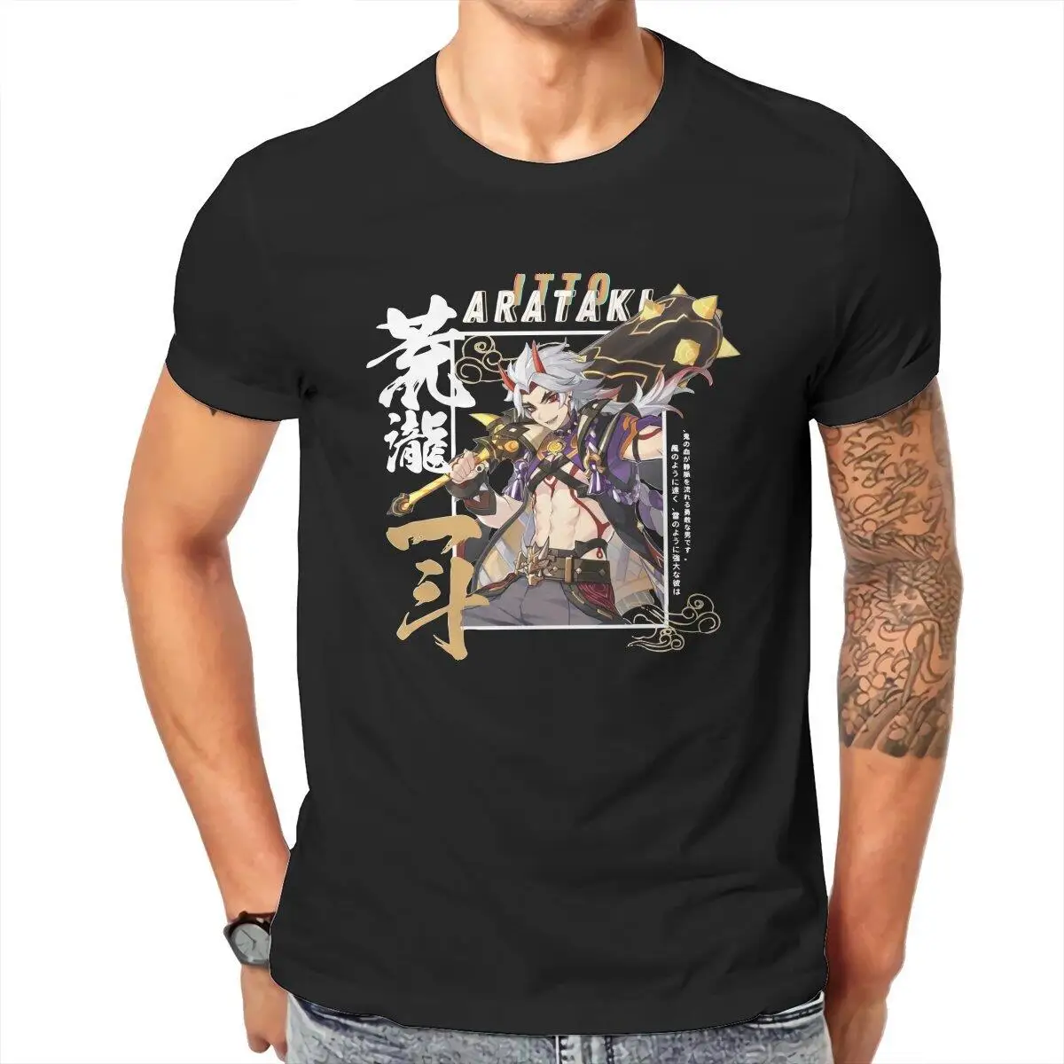Genshin Impact Arataki Itto  Men T Shirts Anime Vintage Tees Short Sleeve Round Neck T-Shirt 100% Cotton Gift Idea Tops