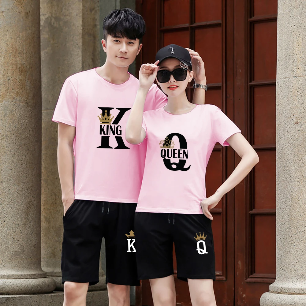 

Summer Couple Suit King Queen Print T-shirt and Shorts 2piece Lovers Cotton Tees Pants Hip-hop Sports Casual Women Men Clothing