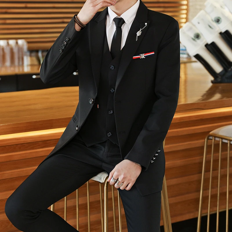 Hailan Home Suit set Men's Three-Piece Suit Korean Sle Slim fit Wedding Best Man Formal Dress Mid-Length Top Green