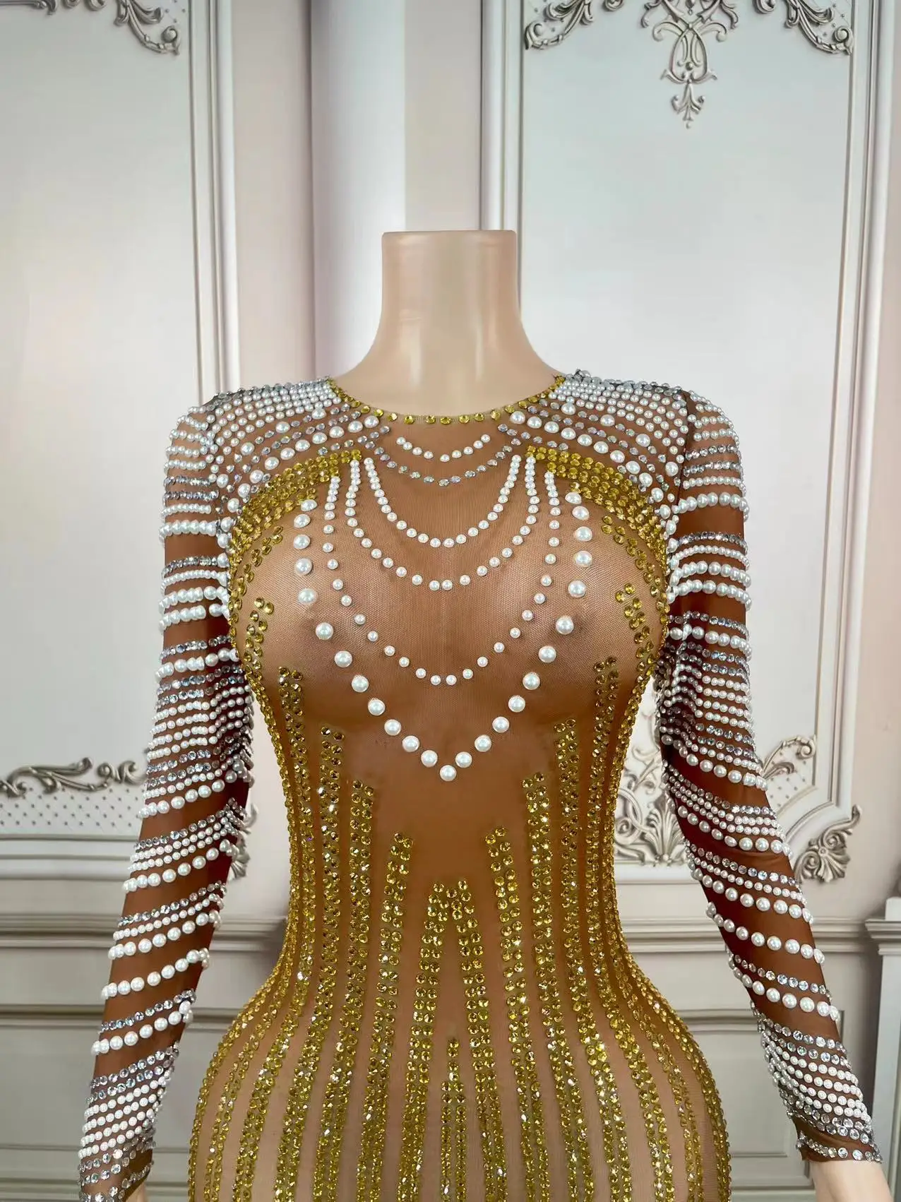 Skin Color Mesh gold Rhinstone  Mini Evening Short Dress Bodycon Festival Showgirl Costume Birthday Formal Real Women Celebrate