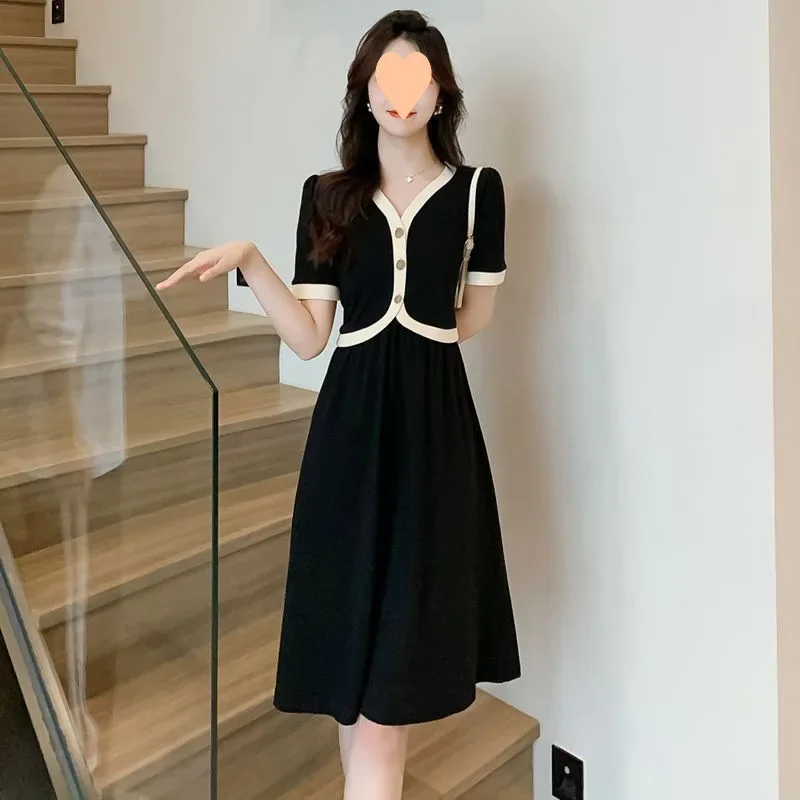 Женское твидовое платье больших размеров двухсекционное черное с иллюзией для