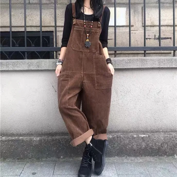 

Women's Autumn Overalls 2023 Kaftan Corduroy Jumpsuits Casual Suspender Harem Pants Female Solid Rompers Femme Oversize