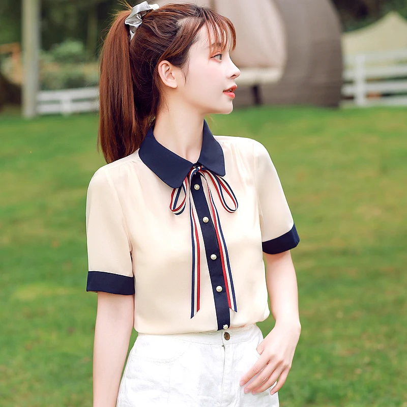 

Chikichi Women Shirts Blouses Summer New Bow Loose Chiffon Shirt Short-sleeved Lace-up Women's Basic Shirts Ladies Tops